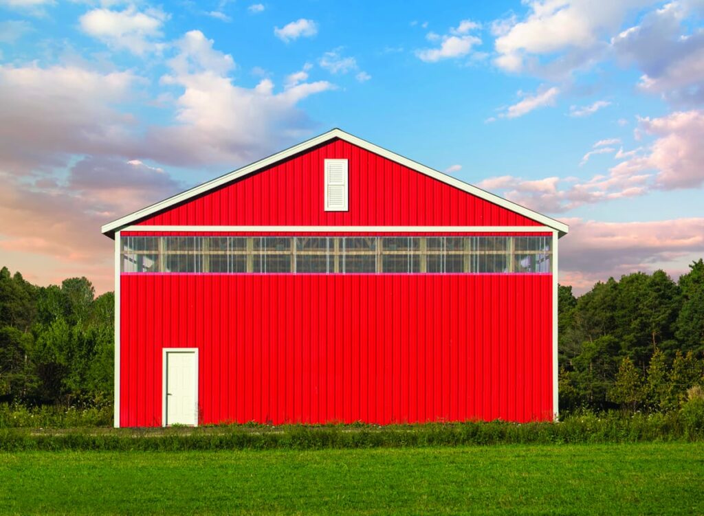 Sunsky panels on a red DIY Pole Barn 